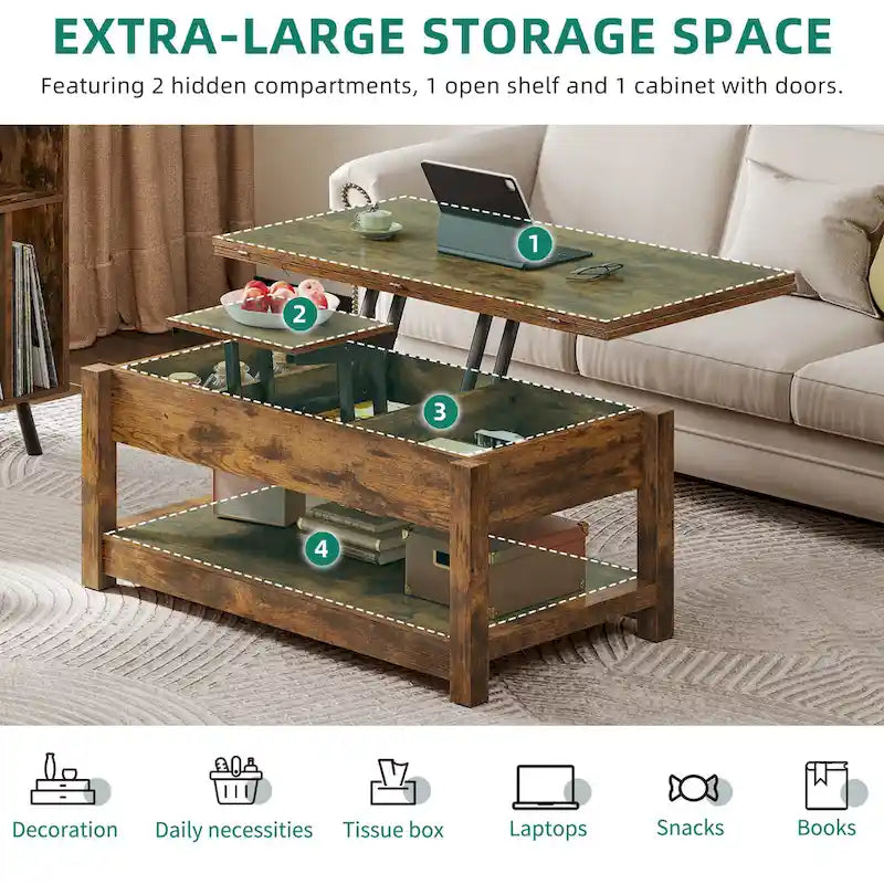 Table basse relevable avec plateau extensible, rangement dissimulé et étagère inférieure marron