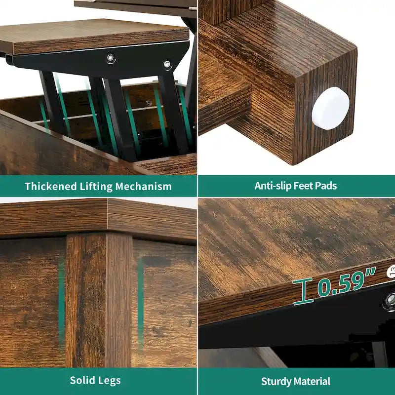 Table basse relevable avec plateau extensible, rangement dissimulé et étagère inférieure marron