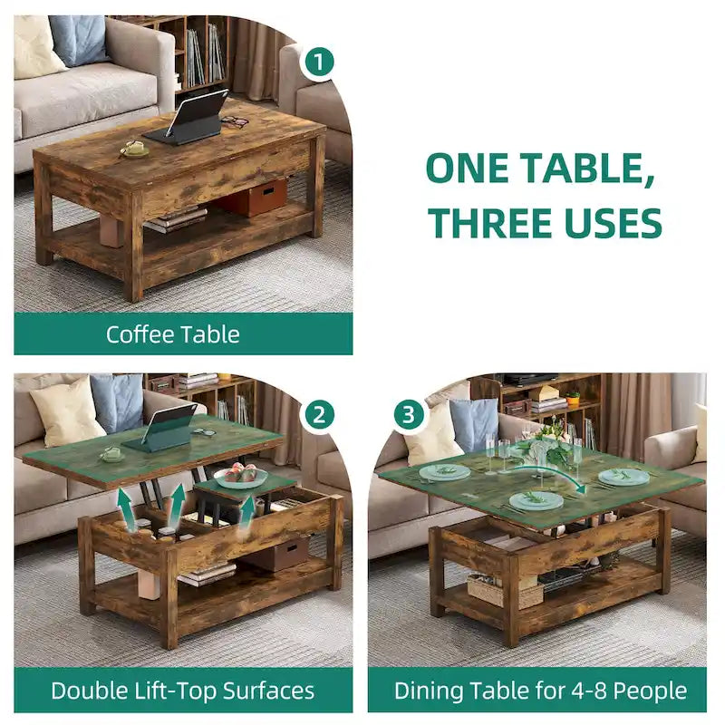 Table basse relevable avec plateau extensible, rangement dissimulé et étagère inférieure marron