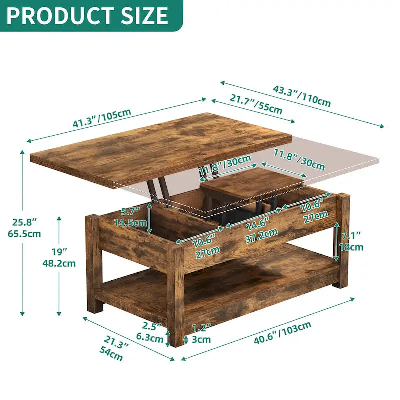 Table basse relevable avec plateau extensible, rangement dissimulé et étagère inférieure marron