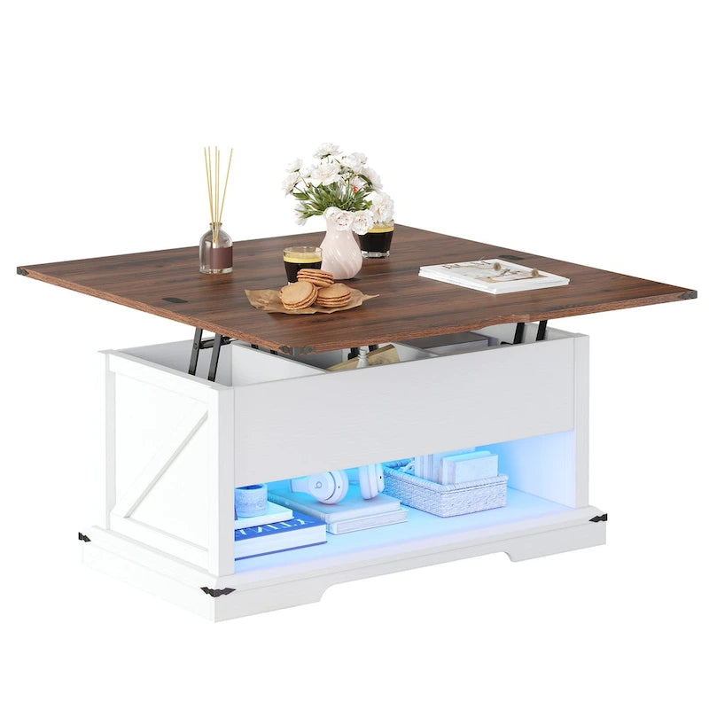 Table basse relevable avec plateau extensible, rangement dissimulé et étagère inférieure marron