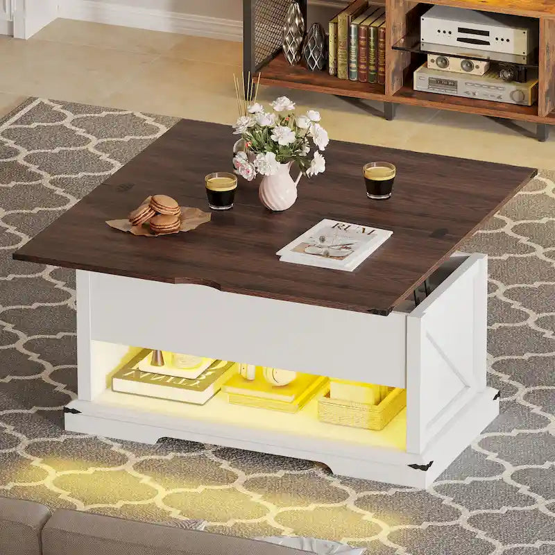 Table basse relevable avec plateau extensible, rangement dissimulé et étagère inférieure marron