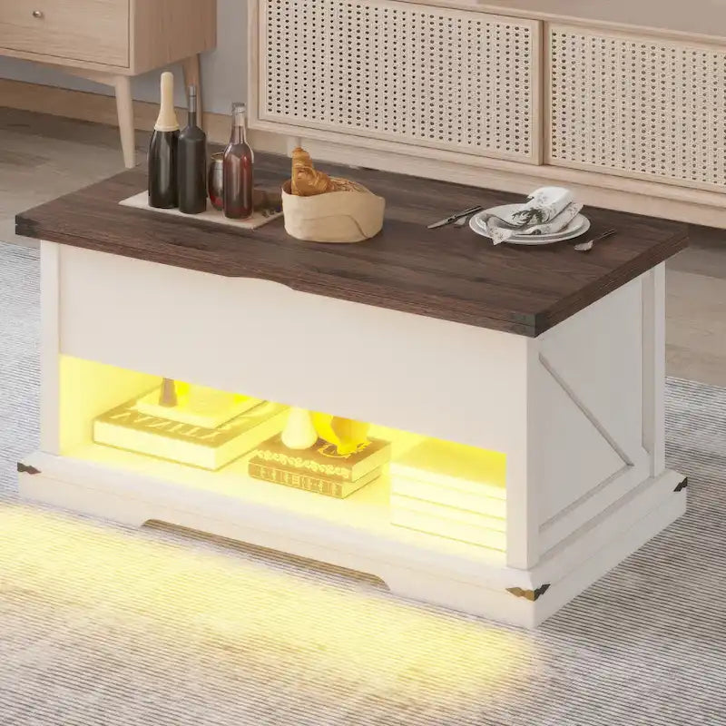 Table basse relevable avec plateau extensible, rangement dissimulé et étagère inférieure marron