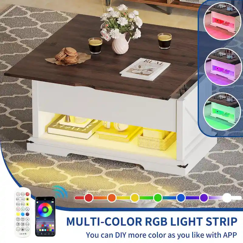 Table basse relevable avec plateau extensible, rangement dissimulé et étagère inférieure marron