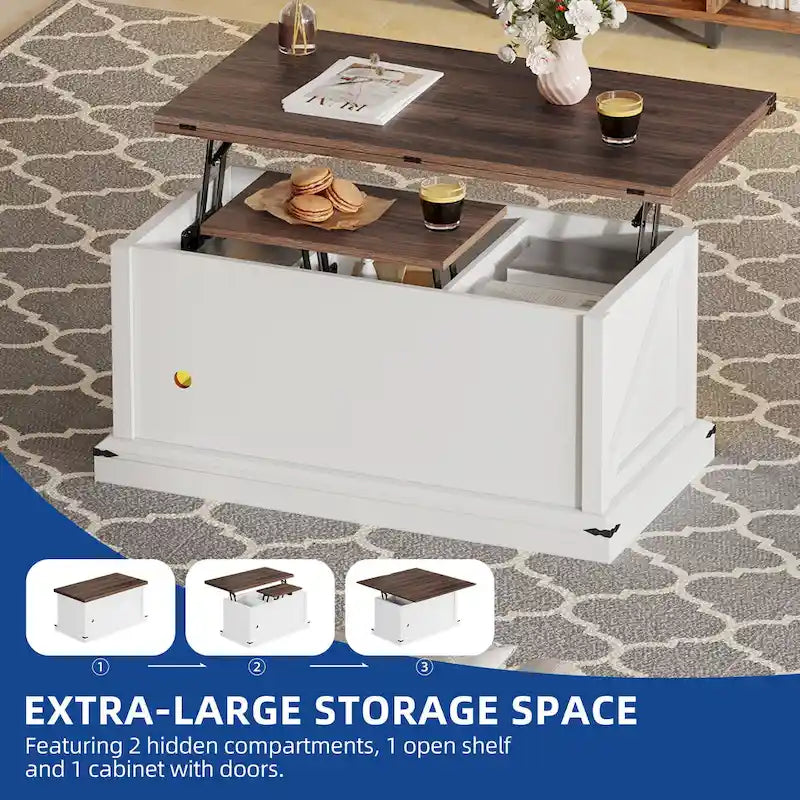 Table basse relevable avec plateau extensible, rangement dissimulé et étagère inférieure marron