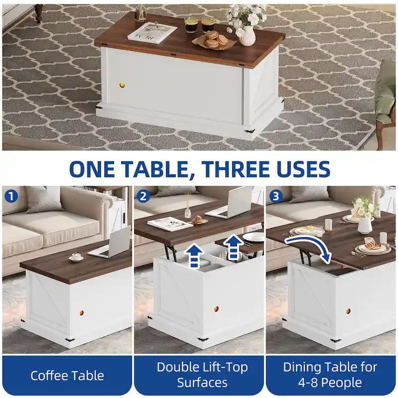 Table basse relevable avec plateau extensible, rangement dissimulé et étagère inférieure marron