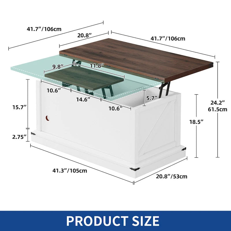 Table basse relevable avec plateau extensible, rangement dissimulé et étagère inférieure marron