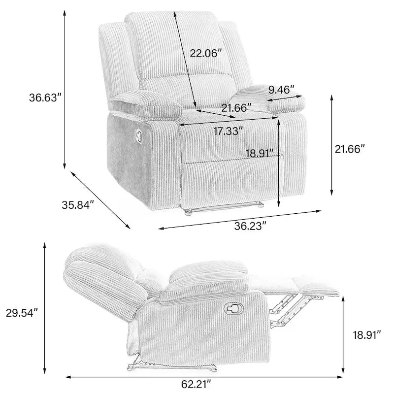 Fauteuil inclinable manuel à pousser en similicuir et velours côtelé