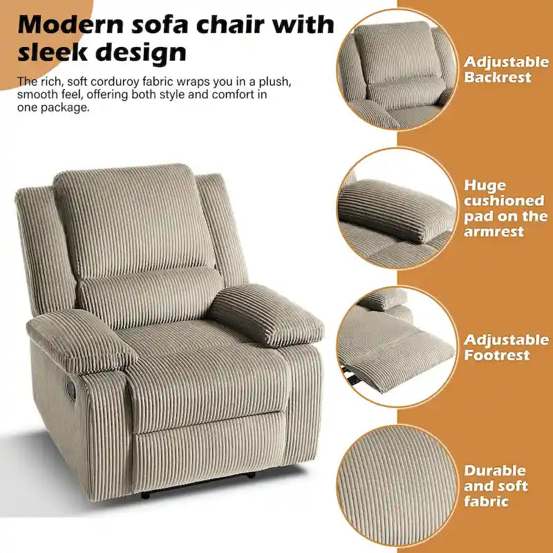 Fauteuil inclinable manuel à pousser en similicuir et velours côtelé