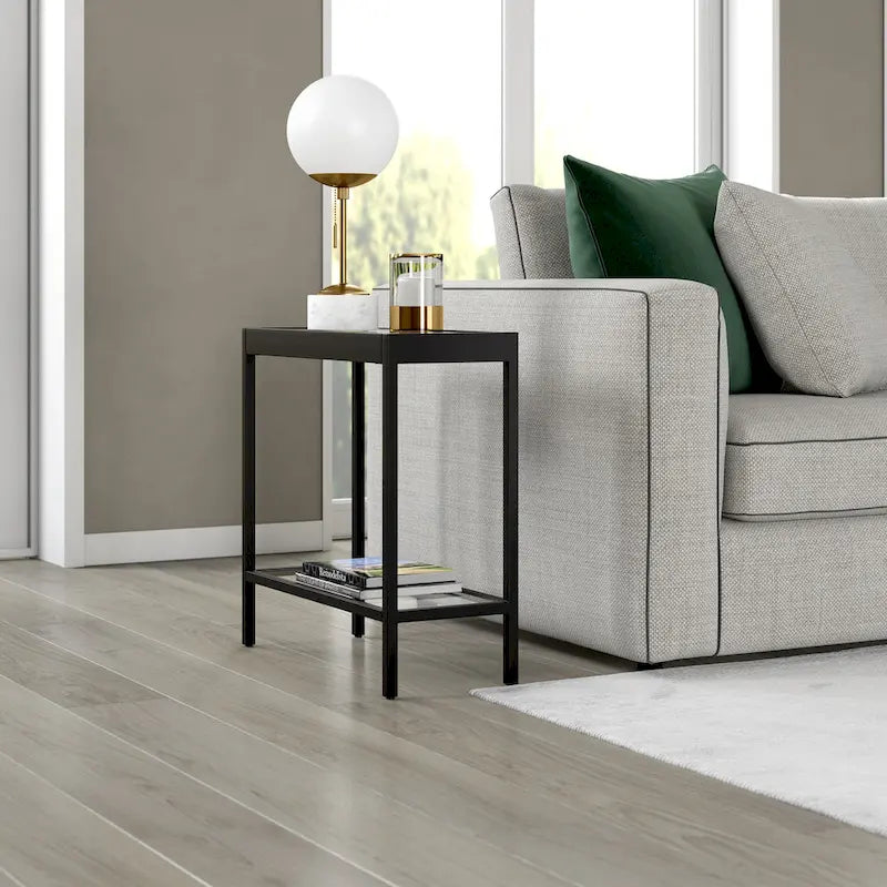 Table d'appoint rectangulaire à plateau en verre trempé et cadre métallique avec étagère inférieure