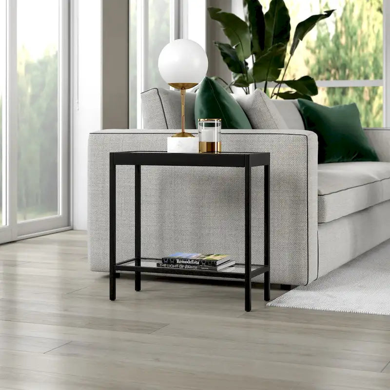 Table d'appoint rectangulaire à plateau en verre trempé et cadre métallique avec étagère inférieure