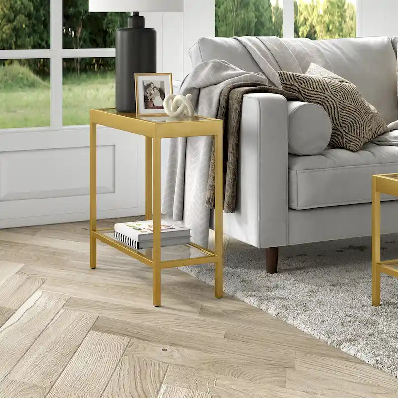 Table d'appoint rectangulaire à plateau en verre trempé et cadre métallique avec étagère inférieure
