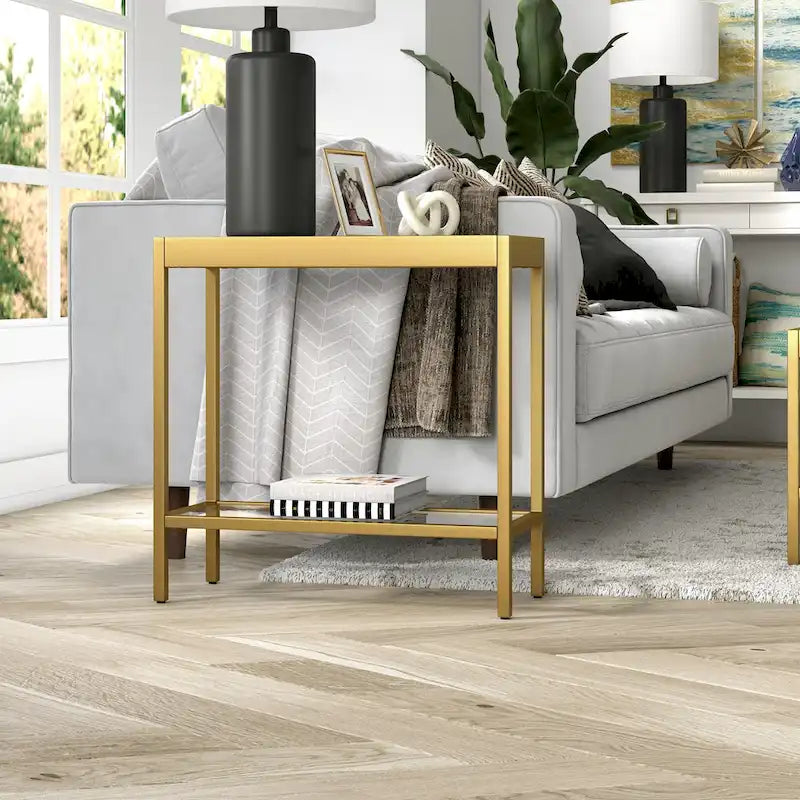Table d'appoint rectangulaire à plateau en verre trempé et cadre métallique avec étagère inférieure