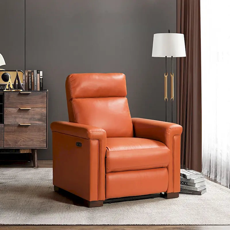 Fauteuil inclinable électrique en cuir véritable avec port USB et repose-pieds escamotable