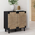 Meuble d'appoint bohème en bois avec portes en jonc de mer naturel et étagère réglable, noir
