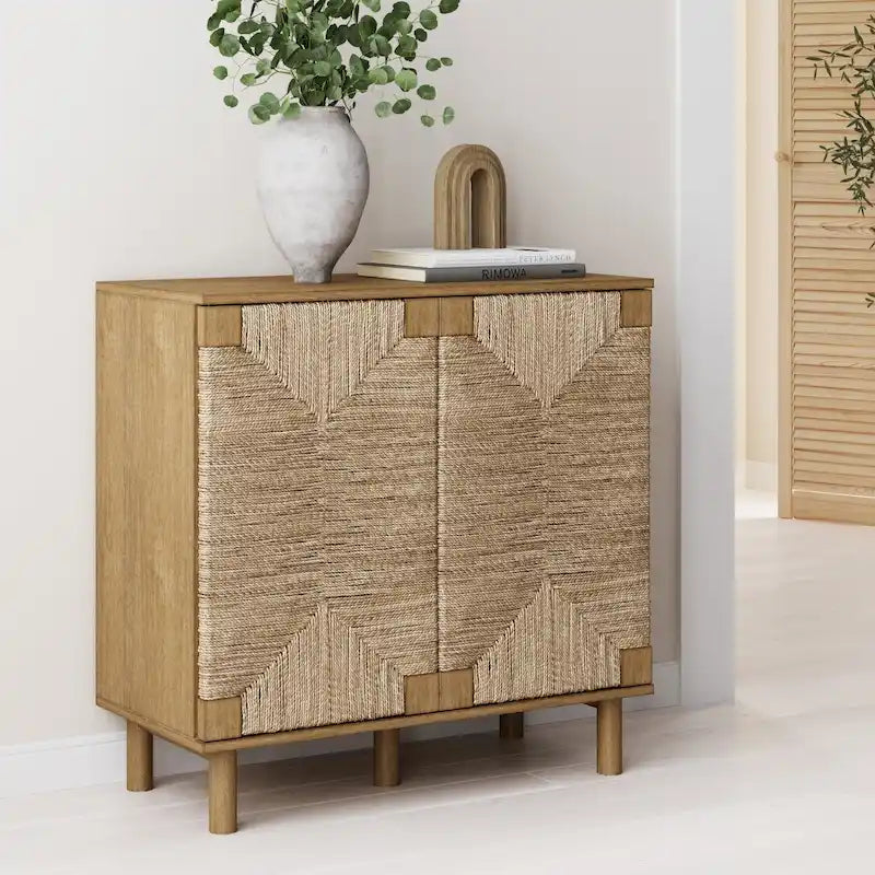 Meuble d'appoint bohème en bois avec portes en jonc de mer naturel et étagère réglable, noir