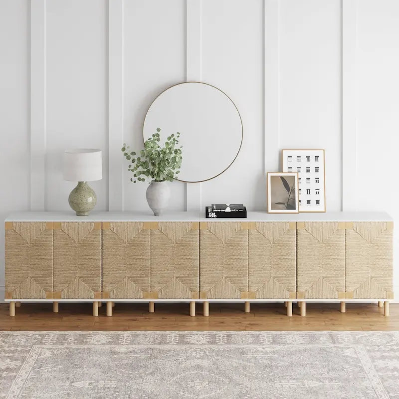 Meuble d'appoint bohème en bois avec portes en jonc de mer naturel et étagère réglable, noir