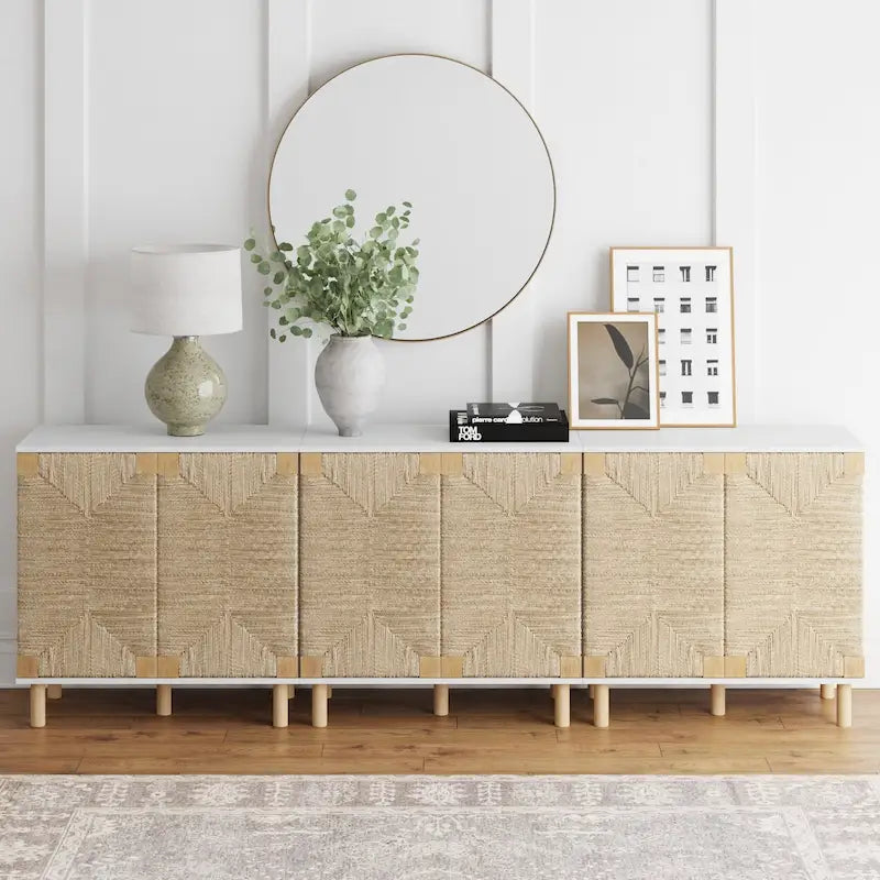 Meuble d'appoint bohème en bois avec portes en jonc de mer naturel et étagère réglable, noir