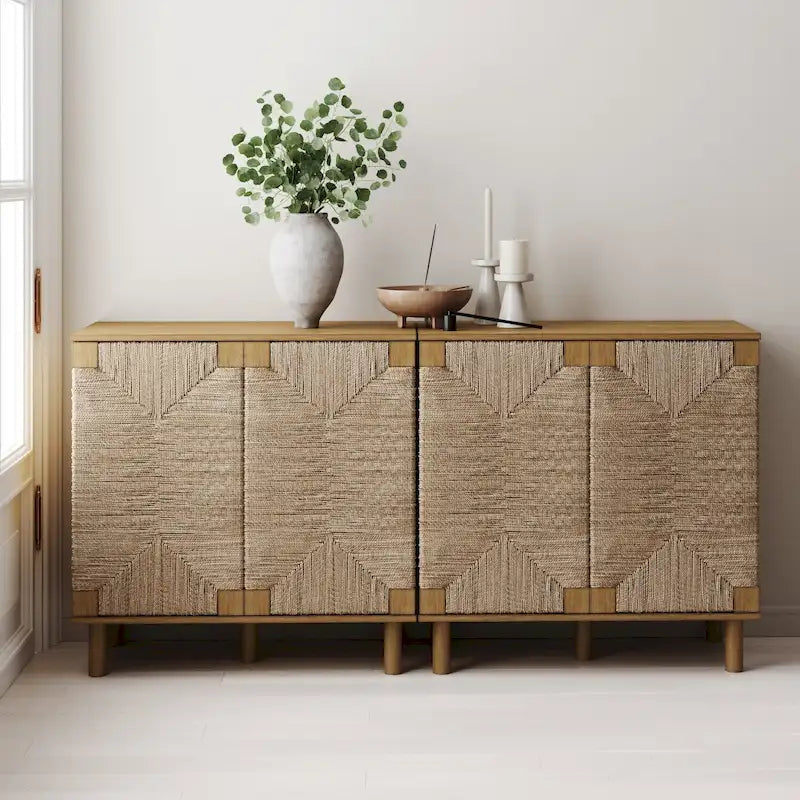 Meuble d'appoint bohème en bois avec portes en jonc de mer naturel et étagère réglable, noir