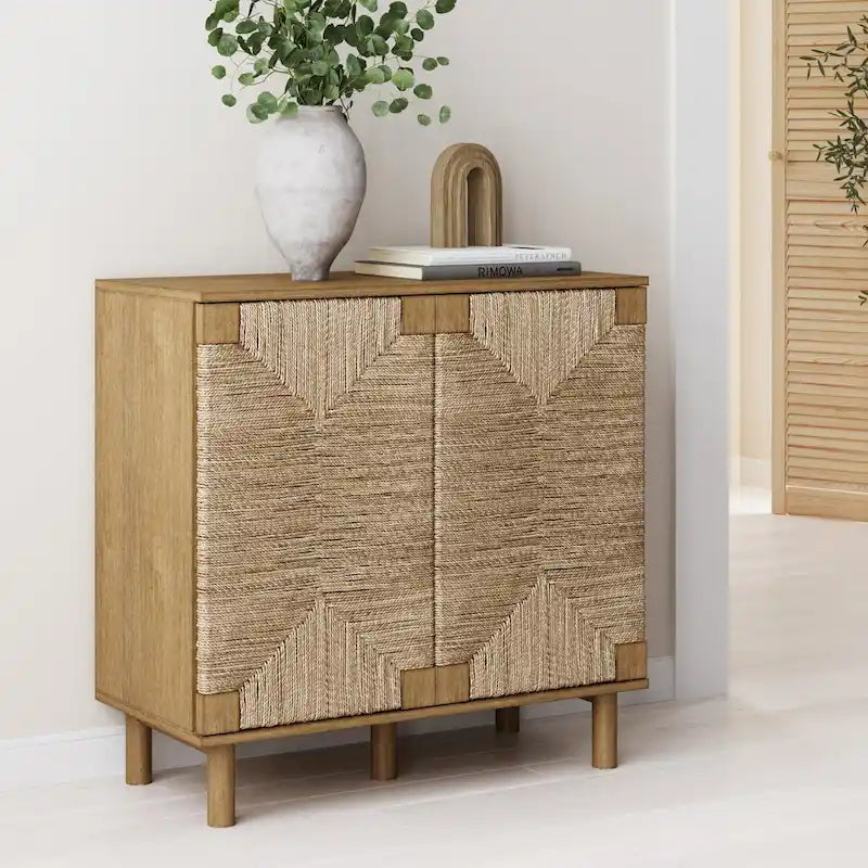 Nathan James Beacon Wood Accent Cabinet with Seagrass Doors and Adjustable Shelf