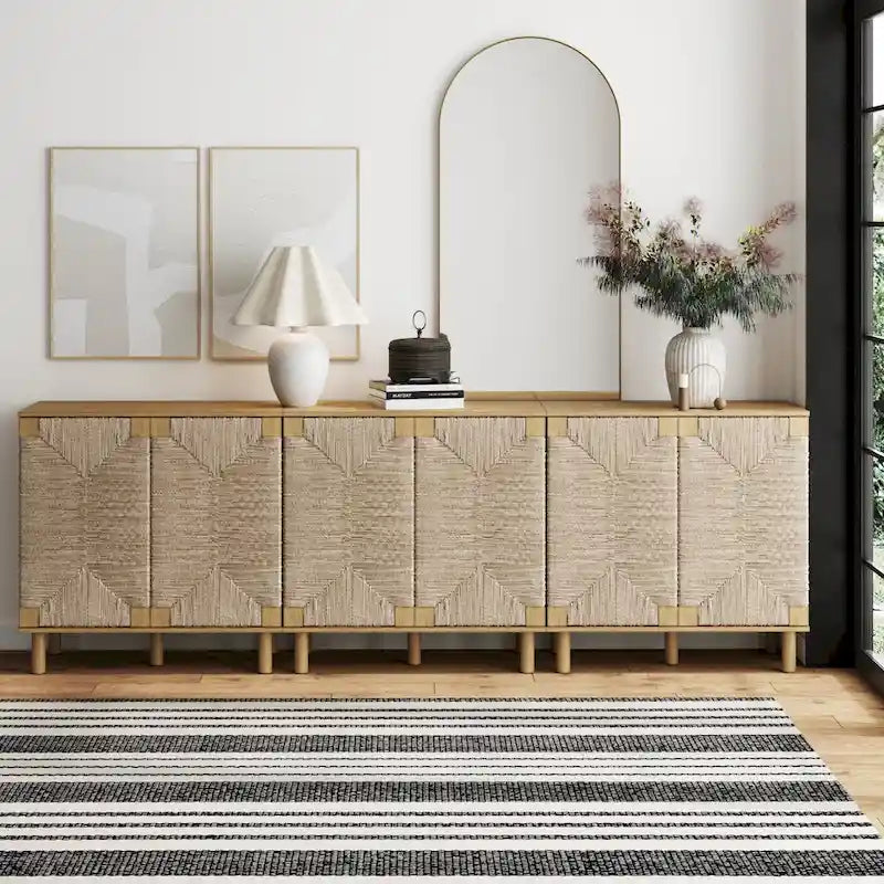 Meuble d'appoint bohème en bois avec portes en jonc de mer naturel et étagère réglable, noir