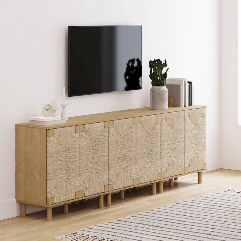 Meuble d'appoint bohème en bois avec portes en jonc de mer naturel et étagère réglable, noir