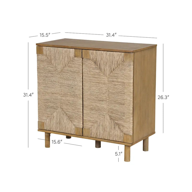 Meuble d'appoint bohème en bois avec portes en jonc de mer naturel et étagère réglable, noir