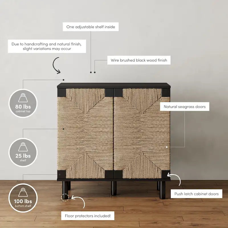Meuble d'appoint bohème en bois avec portes en jonc de mer naturel et étagère réglable, noir
