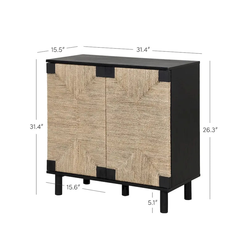 Meuble d'appoint bohème en bois avec portes en jonc de mer naturel et étagère réglable, noir