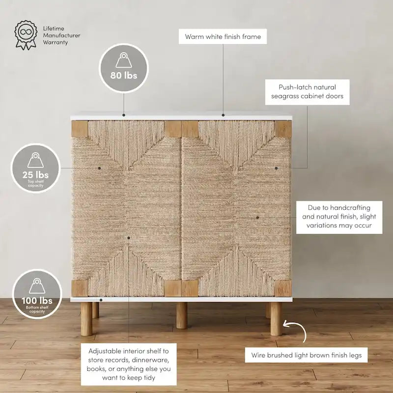 Meuble d'appoint bohème en bois avec portes en jonc de mer naturel et étagère réglable, noir
