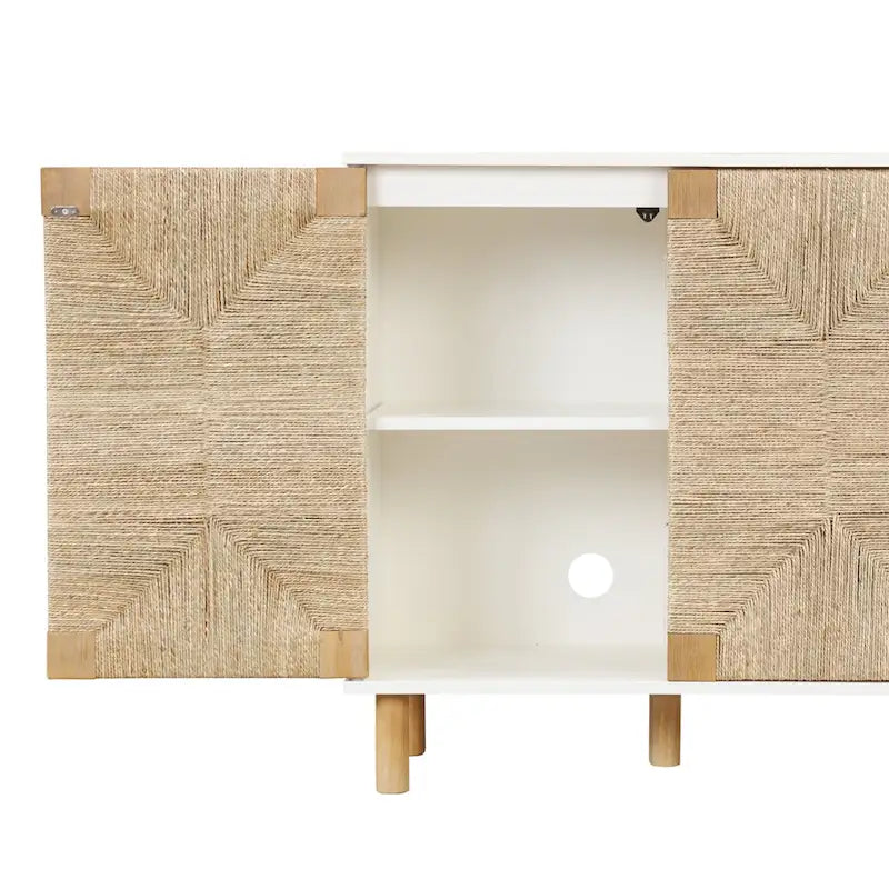 Meuble d'appoint bohème en bois avec portes en jonc de mer naturel et étagère réglable, noir
