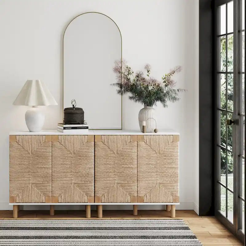 Meuble d'appoint bohème en bois avec portes en jonc de mer naturel et étagère réglable, noir