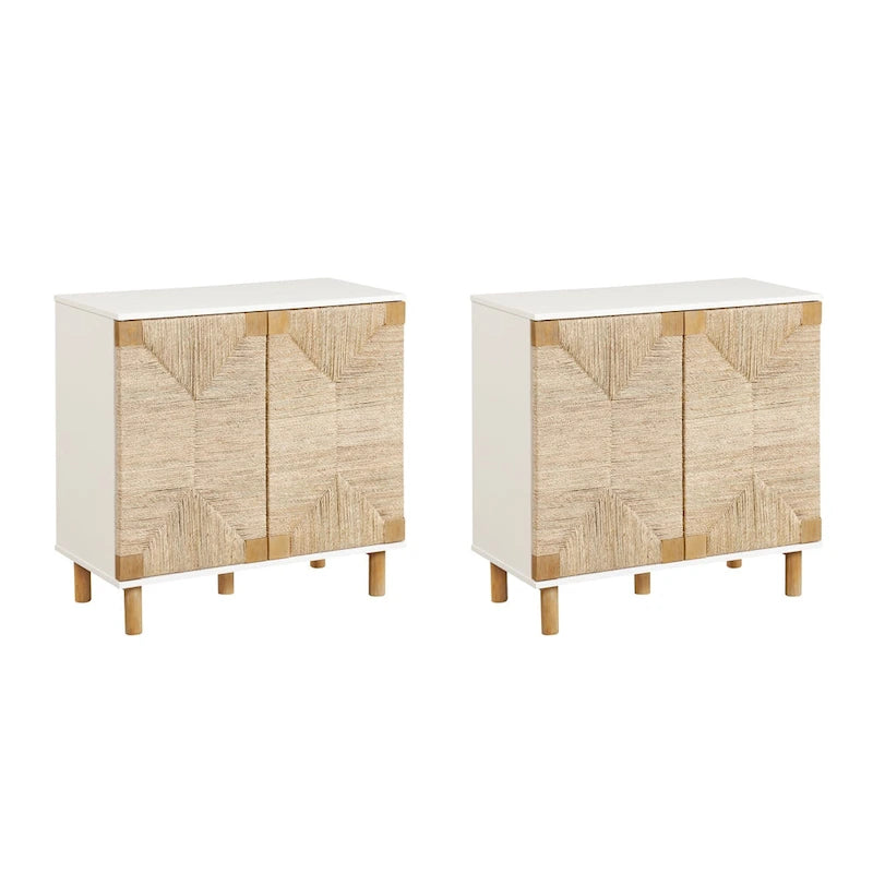 Meuble d'appoint bohème en bois avec portes en jonc de mer naturel et étagère réglable, noir