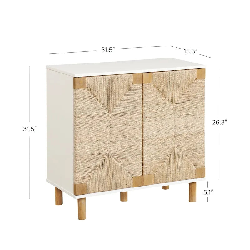 Meuble d'appoint bohème en bois avec portes en jonc de mer naturel et étagère réglable, noir