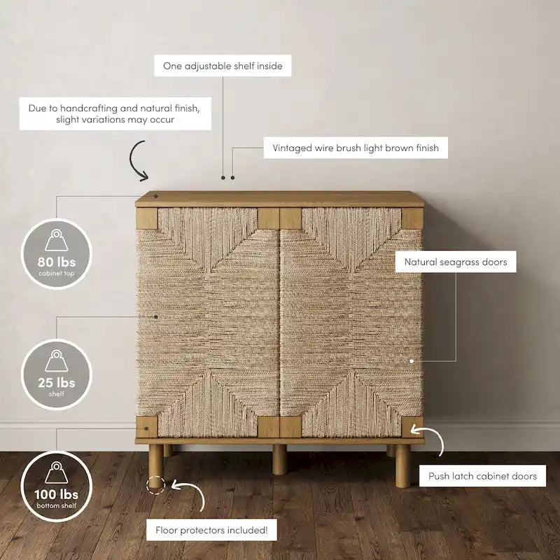 Meuble d'appoint bohème en bois avec portes en jonc de mer naturel et étagère réglable, noir