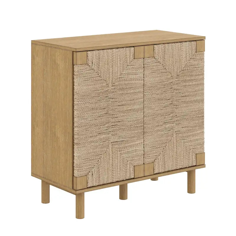Meuble d'appoint bohème en bois avec portes en jonc de mer naturel et étagère réglable, noir