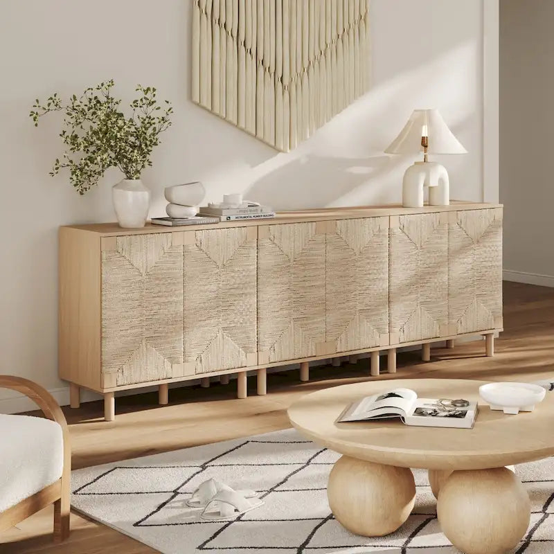 Meuble d'appoint bohème en bois avec portes en jonc de mer naturel et étagère réglable, noir
