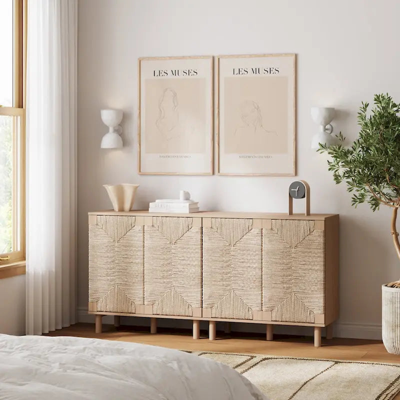 Meuble d'appoint bohème en bois avec portes en jonc de mer naturel et étagère réglable, noir