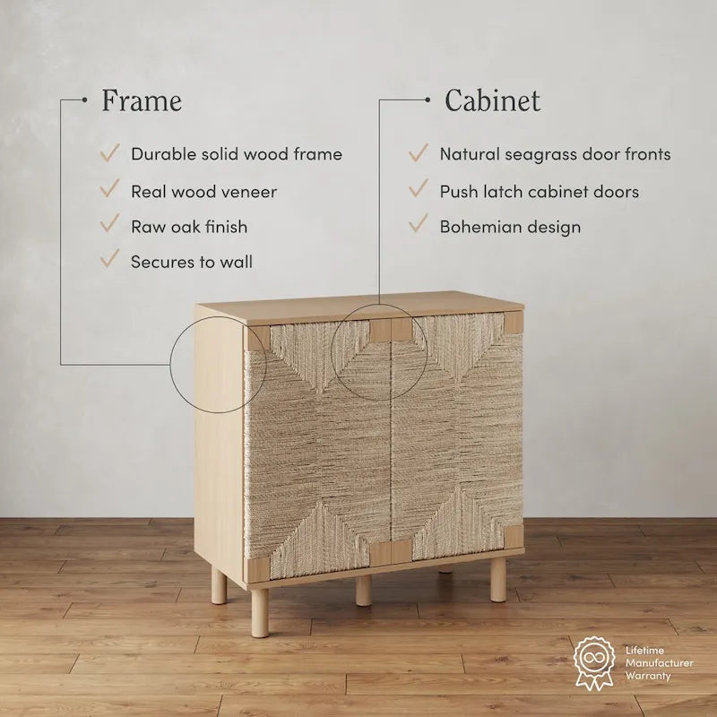 Meuble d'appoint bohème en bois avec portes en jonc de mer naturel et étagère réglable, noir