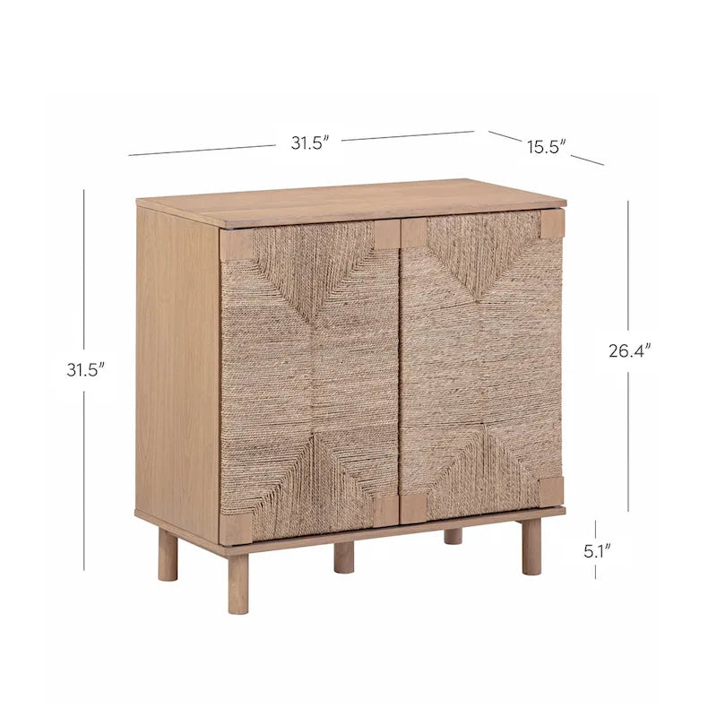 Meuble d'appoint bohème en bois avec portes en jonc de mer naturel et étagère réglable, noir