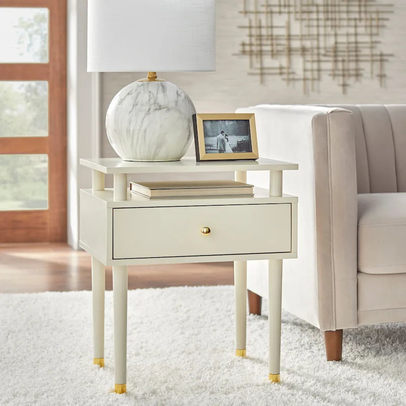 Table d'appoint à un tiroir du milieu du siècle avec étagère surélevée blanc antique noyer rose poudré