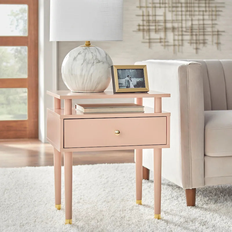 Table d'appoint à un tiroir du milieu du siècle avec étagère surélevée blanc antique noyer rose poudré