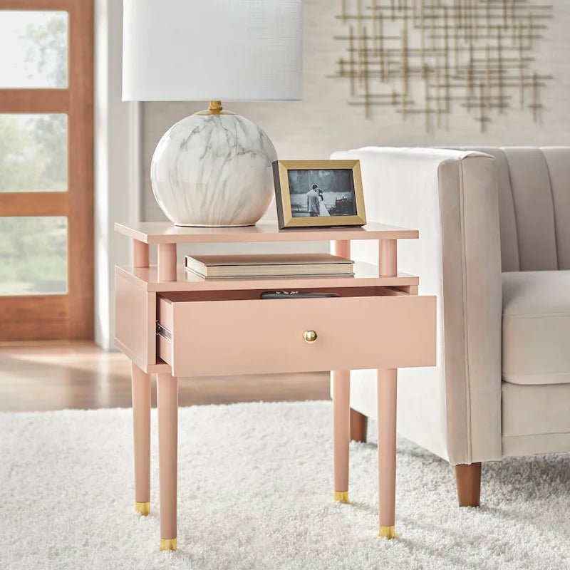 Table d'appoint à un tiroir du milieu du siècle avec étagère surélevée blanc antique noyer rose poudré