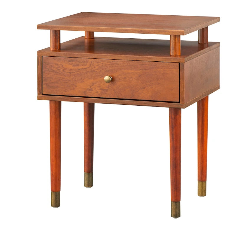 Table d'appoint à un tiroir du milieu du siècle avec étagère surélevée blanc antique noyer rose poudré