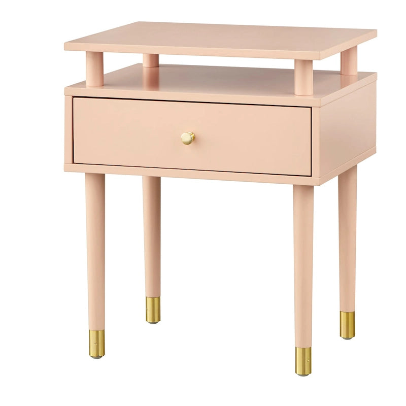 Table d'appoint à un tiroir du milieu du siècle avec étagère surélevée blanc antique noyer rose poudré