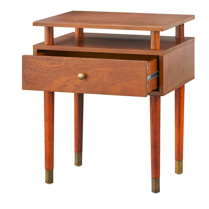 Table d'appoint à un tiroir du milieu du siècle avec étagère surélevée blanc antique noyer rose poudré