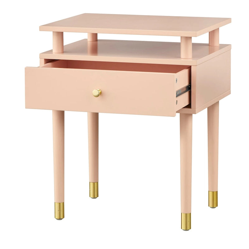 Table d'appoint à un tiroir du milieu du siècle avec étagère surélevée blanc antique noyer rose poudré