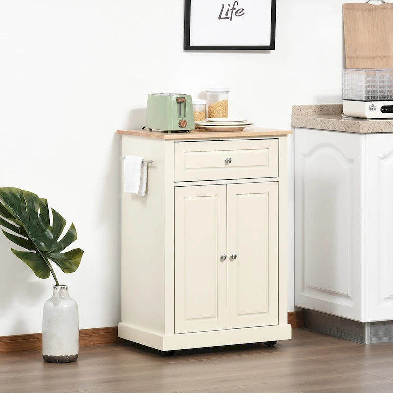 Dessertes de cuisine roulantes avec tiroir, armoire et porte-serviettes, blanc crème