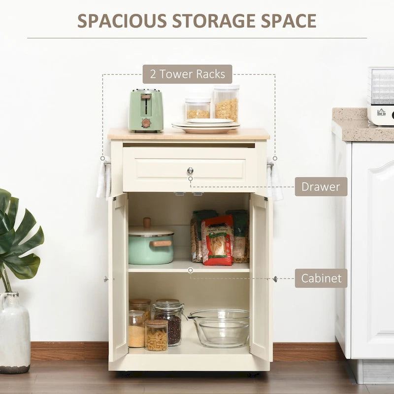 Dessertes de cuisine roulantes avec tiroir, armoire et porte-serviettes, blanc crème