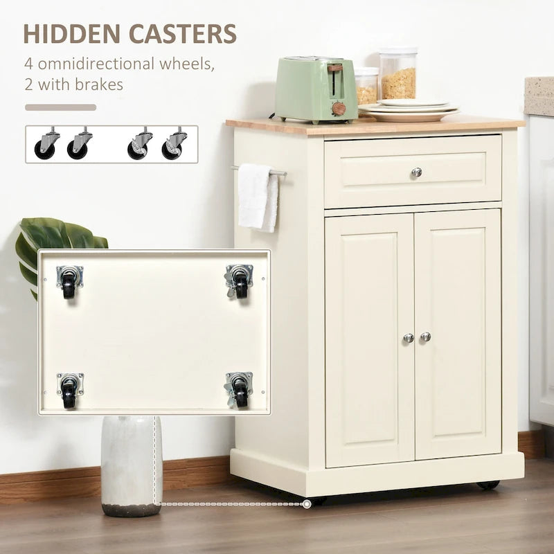 Dessertes de cuisine roulantes avec tiroir, armoire et porte-serviettes, blanc crème